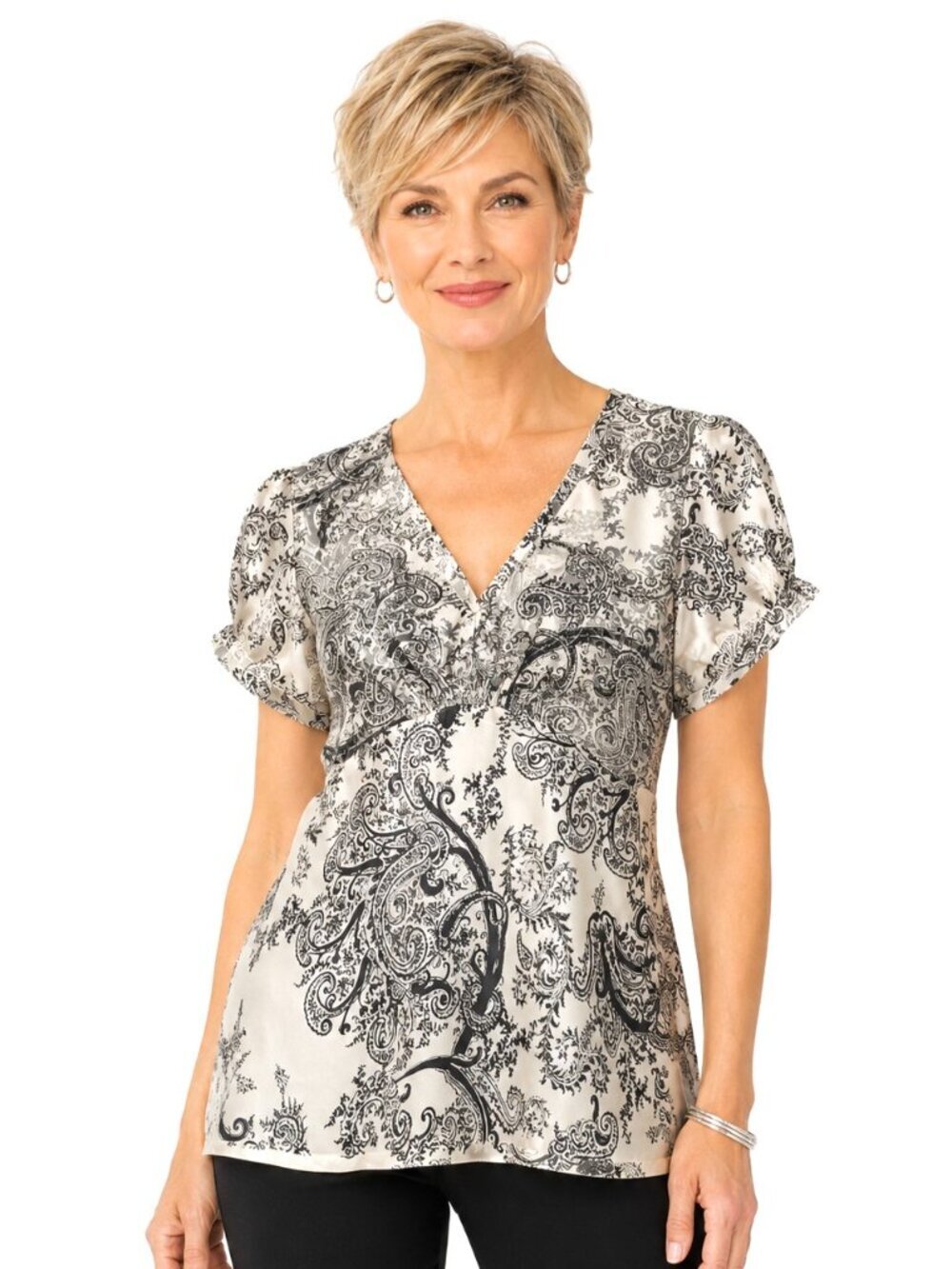 Karen Kane B&W Chiffon Silk Fitted V-Neck Top